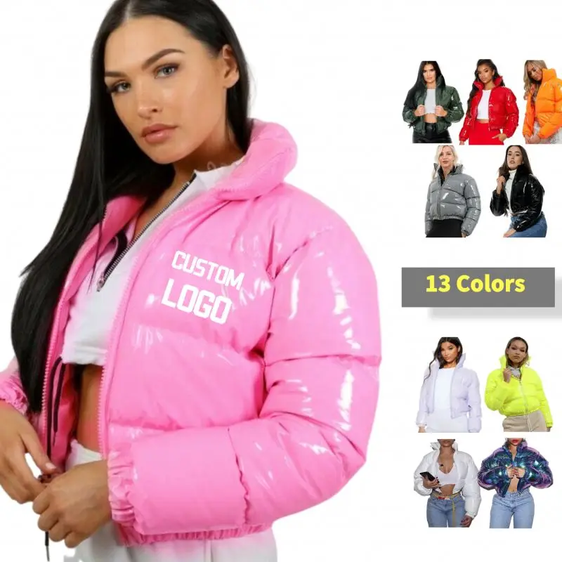 2021 High quality Pink Black Full Zip up Custom LOGO Puffer Bubble coats Puff Jacket Women Winter Coat