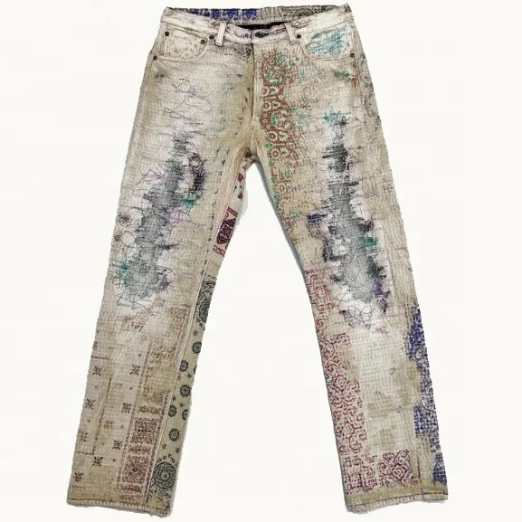 AIPA Denim manufacturer Custom Bandanna Paisley pattern patch Men Jean Pants Stacked Flared fit Jean