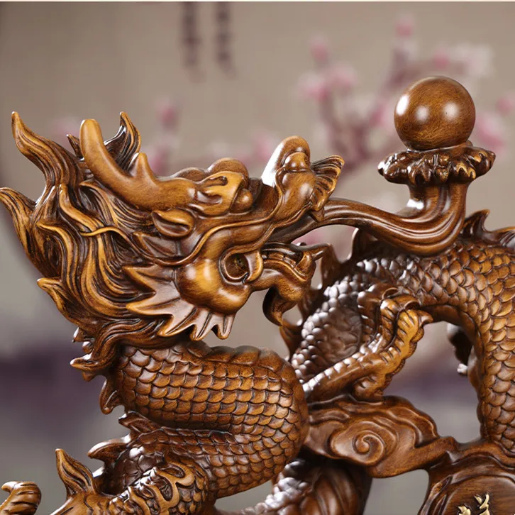 Wood Grain & Gilded Chinese Lucky Fengshui Resin Dragon Sculpture Craft Dragon Statue