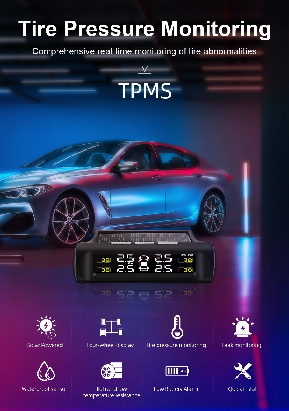 Digital Tire Gauge Tire Pressure Monitoring System Solar Power Car TPMS With 4 External Sensors