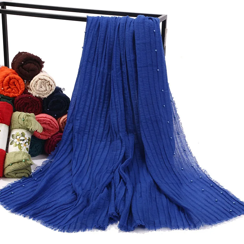Hot Versatile Head Scarf Cotton Crinkle Beaded Pearl Solid Color Hijab Scarf Sunscreen Shawl With Short Tassel//