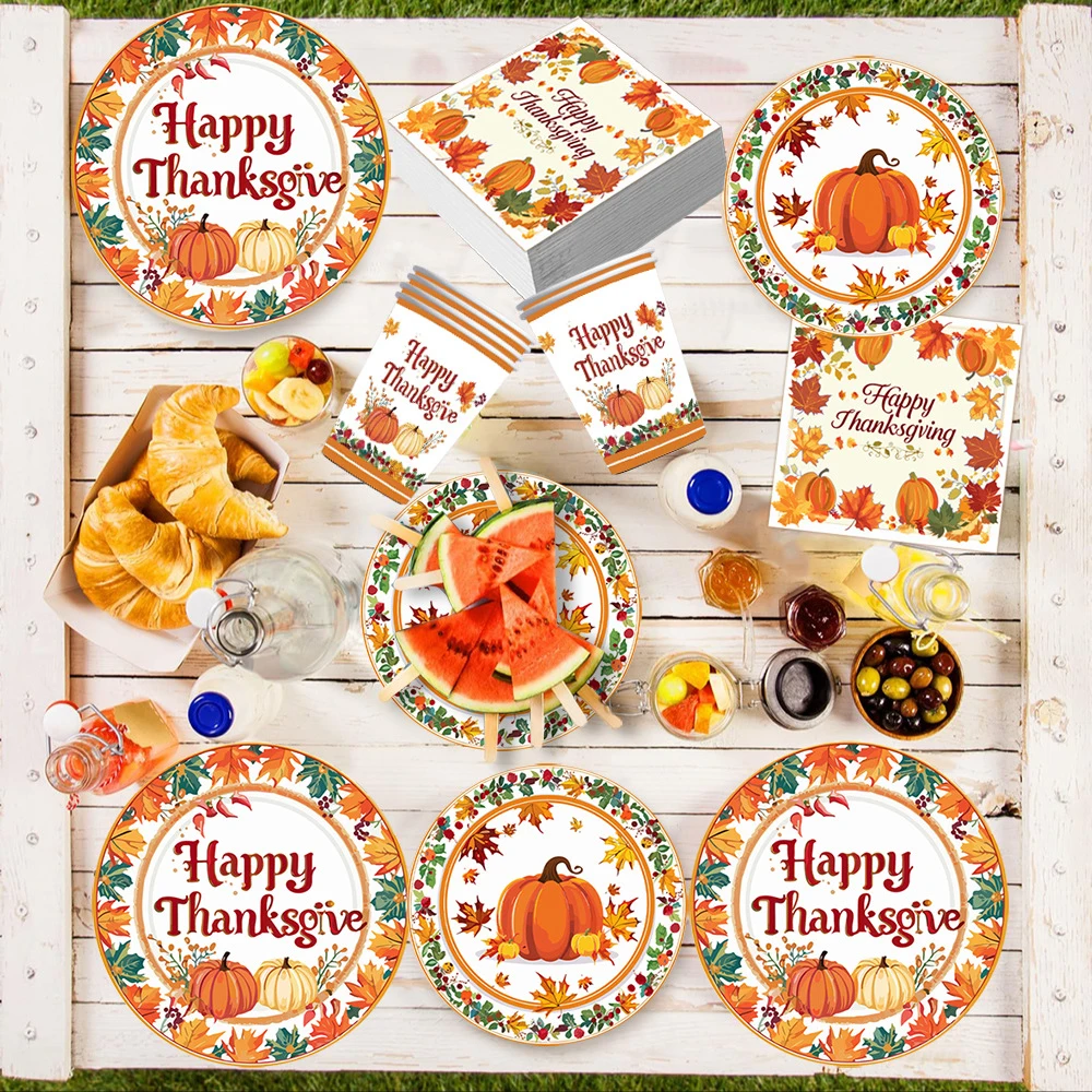 Thanksgiving Fall Party Supplies - Dinnerware Set with Autumn Maple Leaves Paper Plates Napkins Cups for Harvest Celebrations