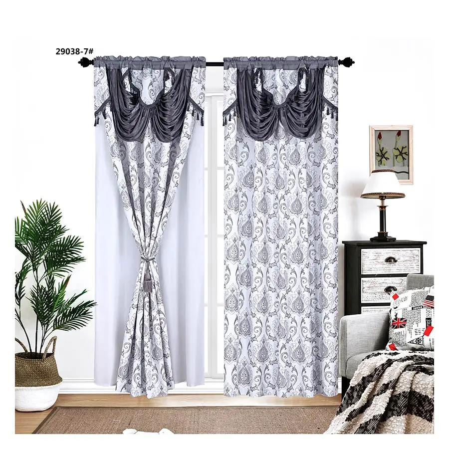 2pcs Beige Jacquard  Curtains Valance Fabric With Taffeta Backing And Tassels Design
