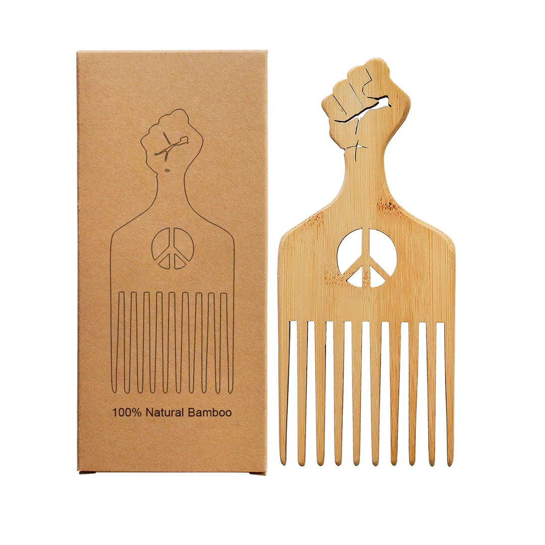 18 Years Manufacturer Made Fist Design 100% Eco-friendly Natural Bamboo Wood Afro Curly Hair Pick Comb