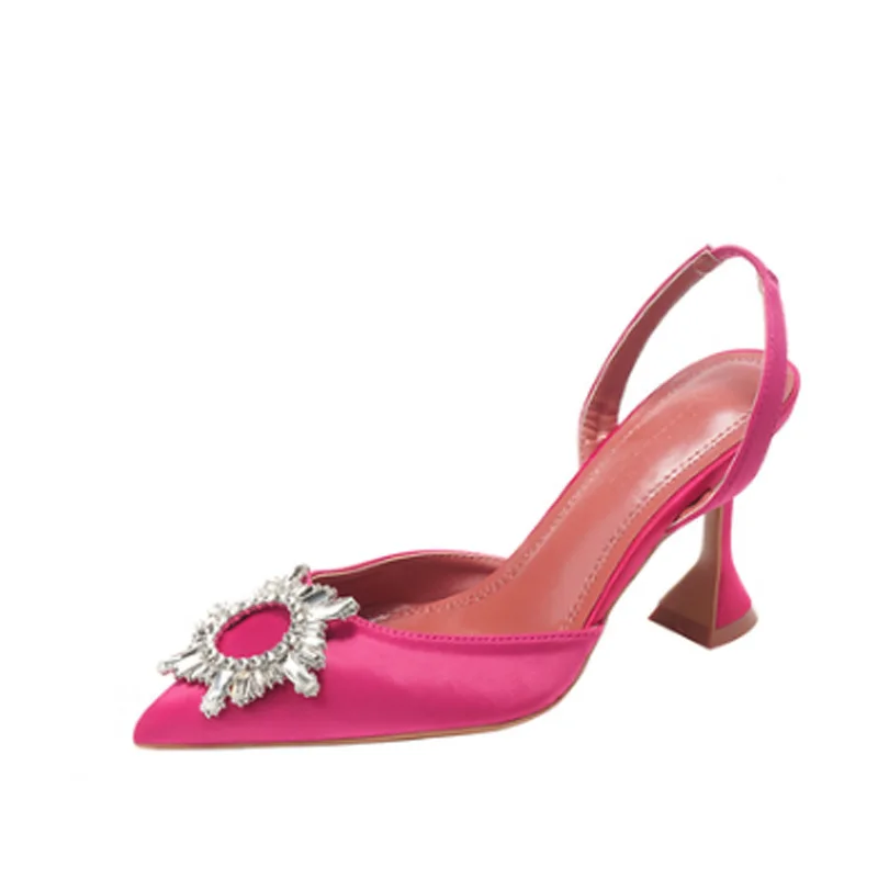 2022 New Pointed Rhinestone High Heel Sandals Satin Sexy Sun Flower Buckle High Heels Women High heels Party Wedding Shoes