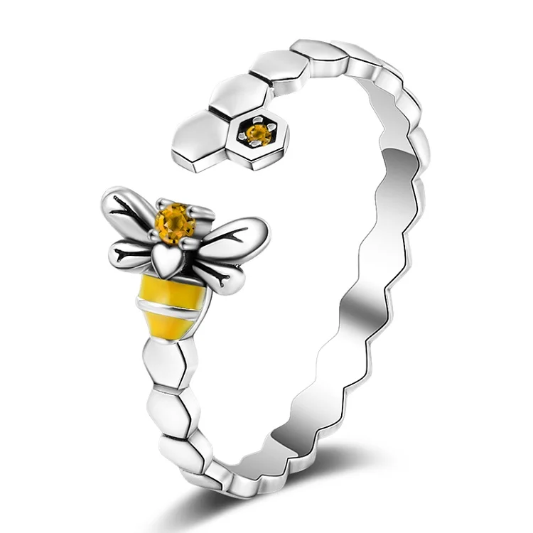 925 Sterling Silver Enamel Bee Honeycomb Ring Adjustable Silver Ring