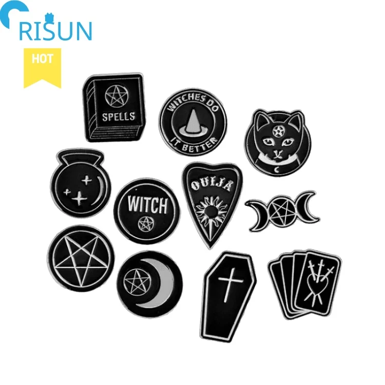 Manufacturer Black Witchcraft Punk Witch Coffin Sorcery Book Black Dark Series Retro Lapel Pin Brooches Custom Tarot Enamel Pin