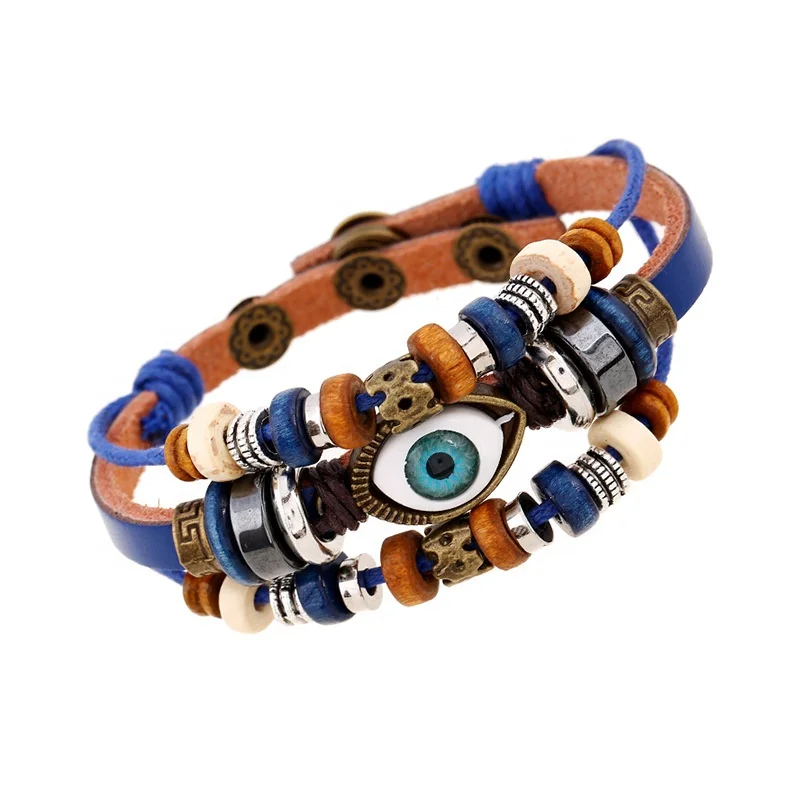 New Design Wholesale Vintage Multilayer Beaded Eyes Leather Bracelet Hand Braided Men Women