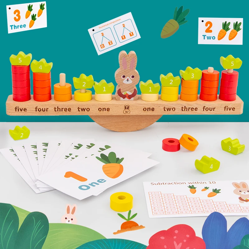 Factory direct wooden rabbit balancing toys for toddlers Wooden education math toys with Flash card