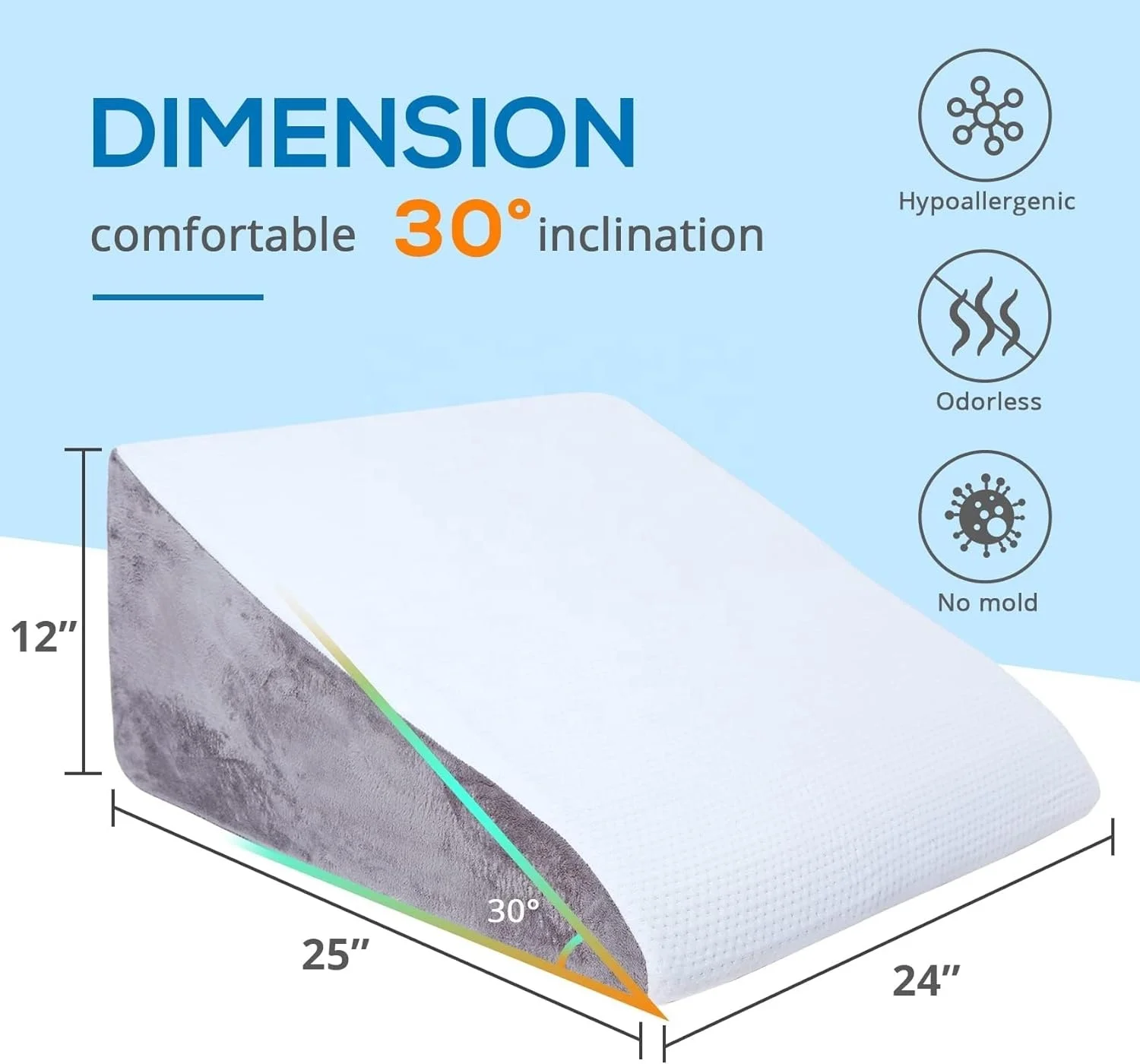 12 Inch Hypoallergenic 30 Degree Triangle Incline Wedge Pillow Memory Foam After Surgery Snoring Sleeping Bed Pillow