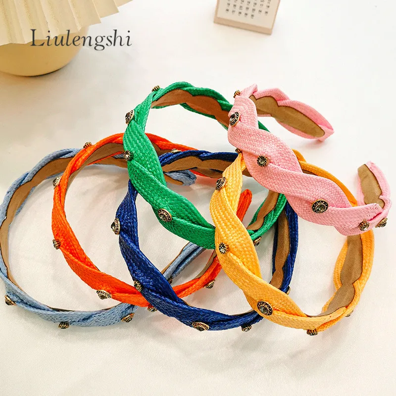 Fashion Summer Season Braid Rattan Woven Hair Band Hair Accessories Beach Raffia Straw Weaving Crystal Headband for Women