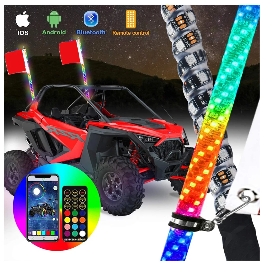 2Ft 3Ft 4Ft 5Ft 6Ft Dancing Led Whip Lights W/Flag Remote Control Whip Lamp App Control Safety Buggy Whip Customize Flags