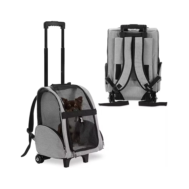 Multi-Function Breathable Mesh Polyester Gray Pet Stroller Bag With Wheels Approved by Airlines