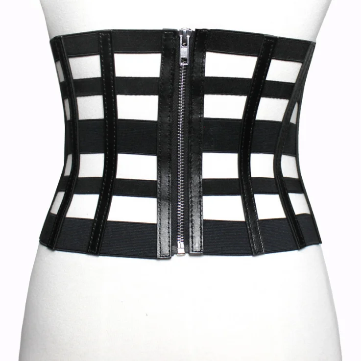 Wide Hollow Elastic Cinch PU Belt Black