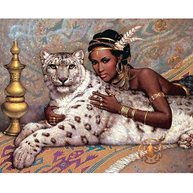 
5d Diy Wall Art Leopard Diamond Painting Full Round Drill Covered on Canvas Diamond Embroidery African Woman and a White Animal 