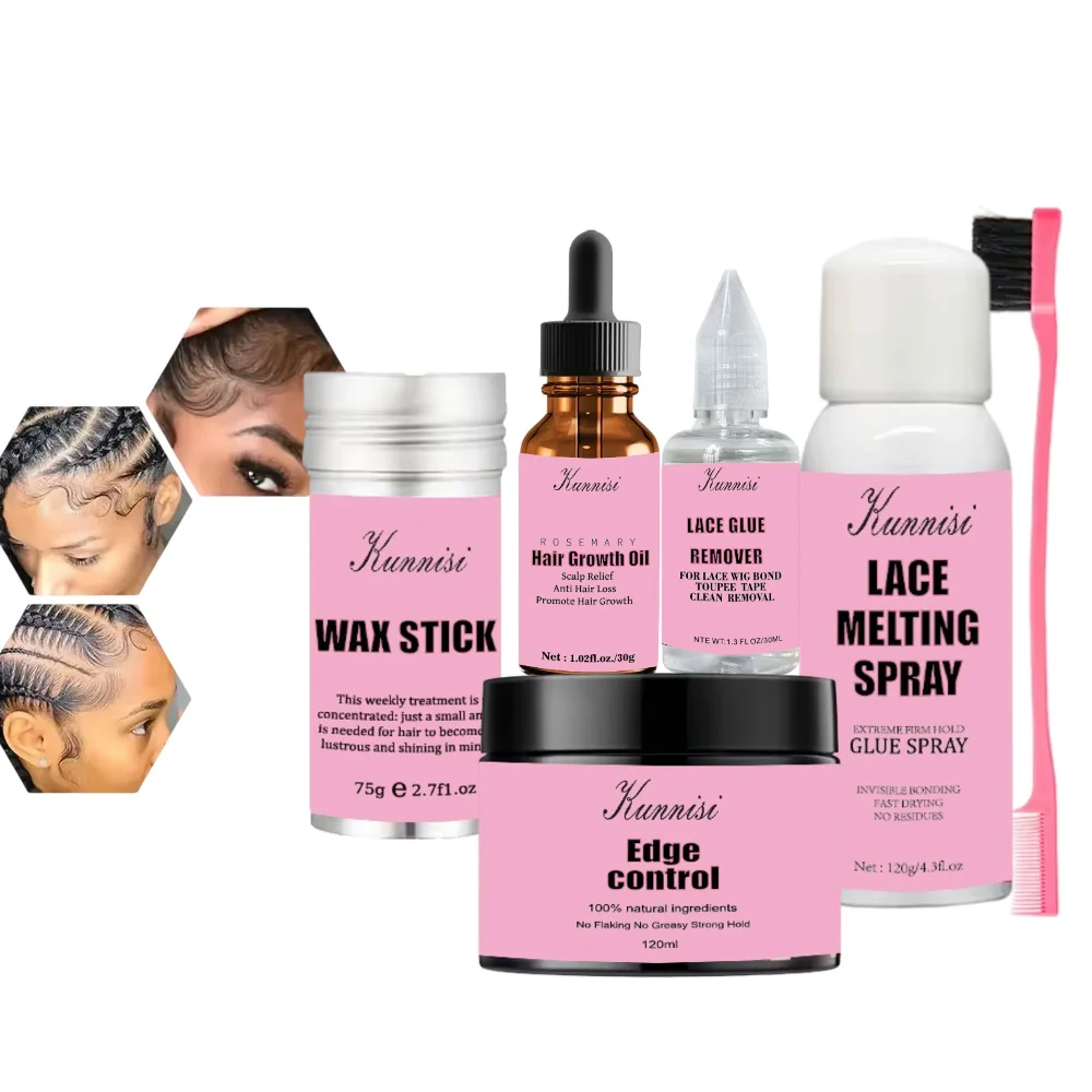 Custom Wig Install Boxes Private Label Lace Wig Kit Strong Hold Edge Control Lace Glue Spray wax stick Hair Growth Oil kit