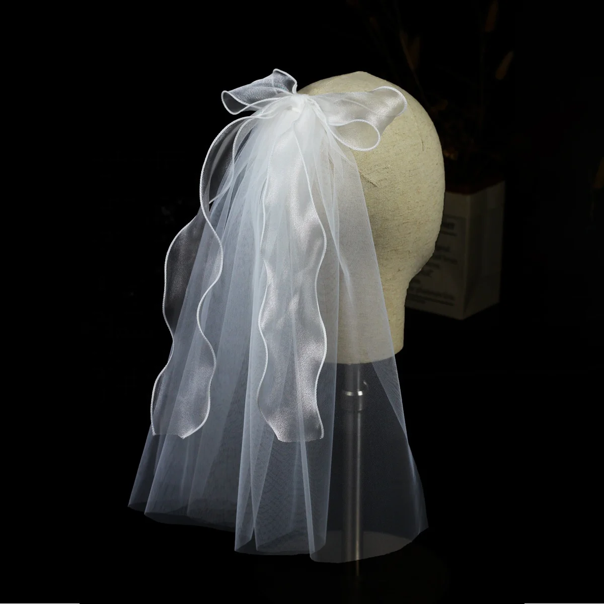 Fashion Wedding Veil Pearl Bow Hair Accessories Short Soft Tulle One-Layer Ribbon Bowknot Decoration