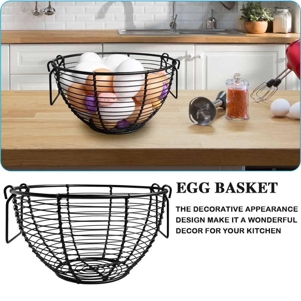 Round Shaped Vintage Egg Holder Organizer Retro Metal Wire Matt Black 2 Handles Wire Basket for Egg Collecting