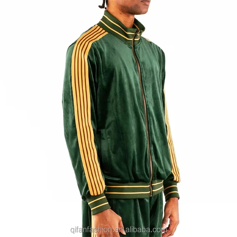 Custom high collar full zip up side stripe velvet velour track jacket for men