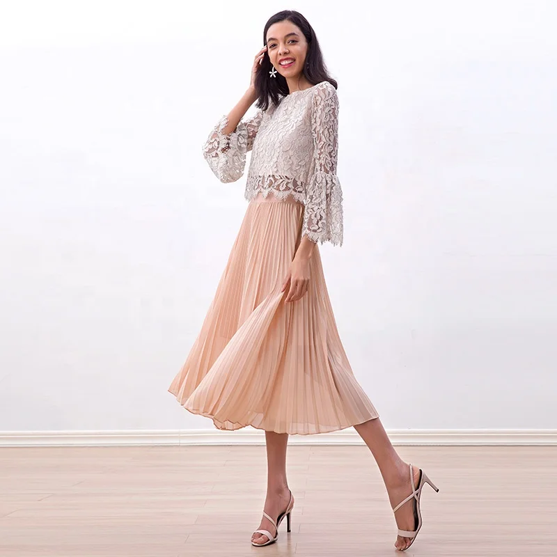 S280L Solid chiffon elasticated waist full circle sunburst pleated midi casual skirt