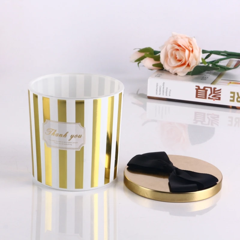 Candle Jars Wholesale,14oz Glass Vessels For Candle Making with Round Wrap printing With Bowknot Lid