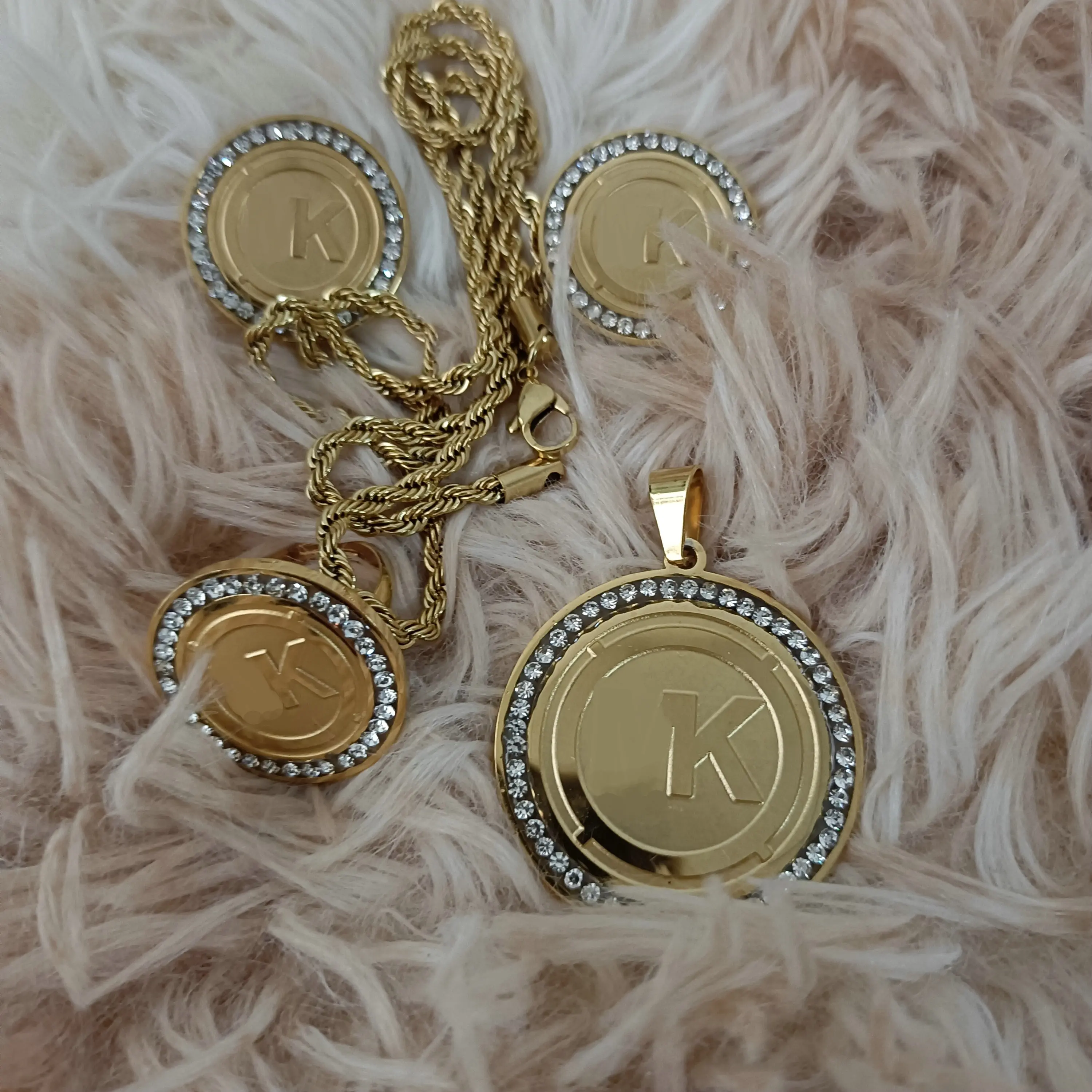 Stainless Steel Carved Vacuum Plated Brand Diamond Sets Including Necklaces, Rings, Earrings And Bracelets