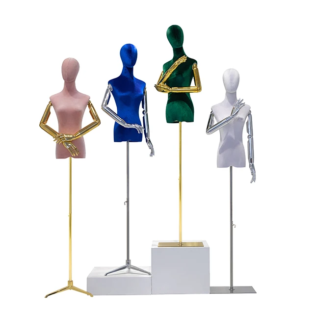 New Arrival Luxury Velvet Female Mannequin with Gold Silver Arms Adjustable Half Body Wooden Mannequin for Clothing Display