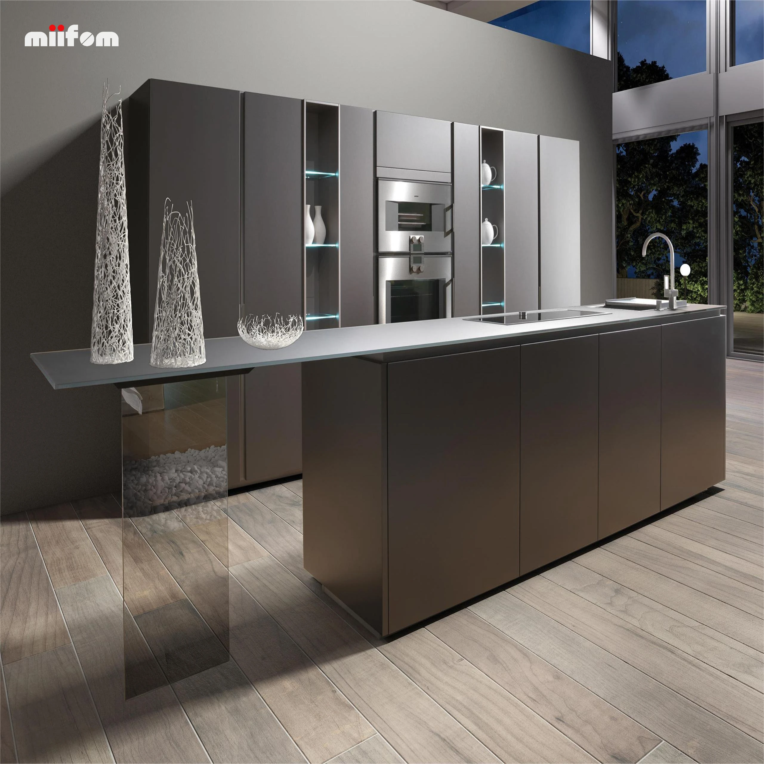 Modern Simple Matt Dark Grey Integrated Handle Free Modular Kitchen Cabinets with Island