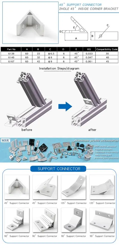 Verified Supplier 2 hole 3030 45 degree  inside support corner bracket connector T-SLOTTED EXTRUSION  T-slotted Profile