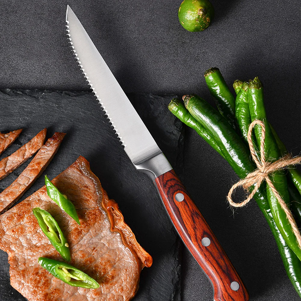 Premium Custom Logo Bulk Buy Sale German High Carbon Stainless Steel Serrated Kitchen Steak Knives Blanks Set with Wood Handle