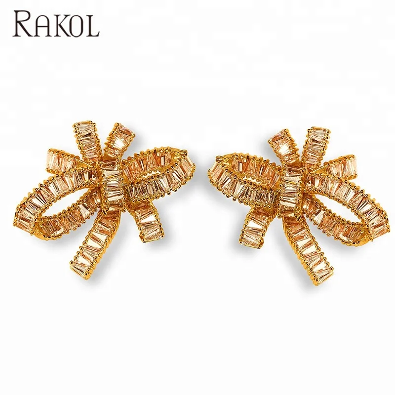 RAKOL EP366 2021 Fashion Rose Gold Full Zircon Crystal 3A Cubic Zirconia Bowknot Bridal Earrings