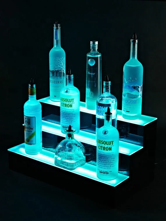 Fashion Design Custom 3 Tiers LED Lighted Acrylic Alcohol Wine Bottles Risers Display Stand Liquor Acrylic Stand Display