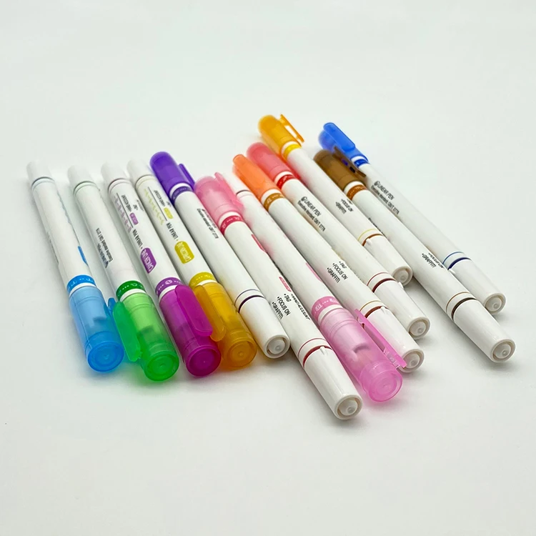 free samples customized 6 12 pcs colored highlighter fineliner pen with stamp dual tips curve highlighter pen set