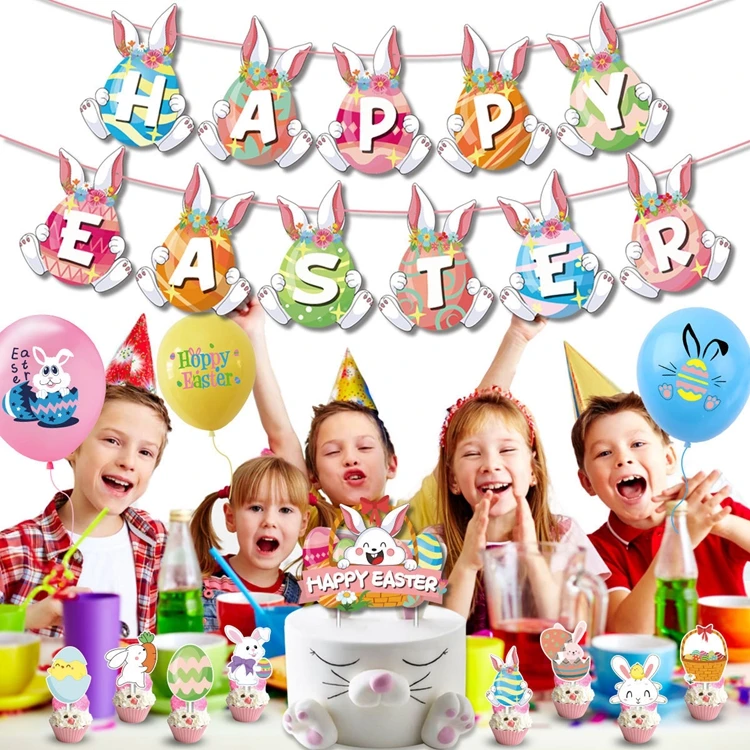 Easter Party Decorations Kit 12 Inch Printed Latex Balloons Happy Easter Banner Egg Bunny Cake Toppers Kids Party Decor KK015