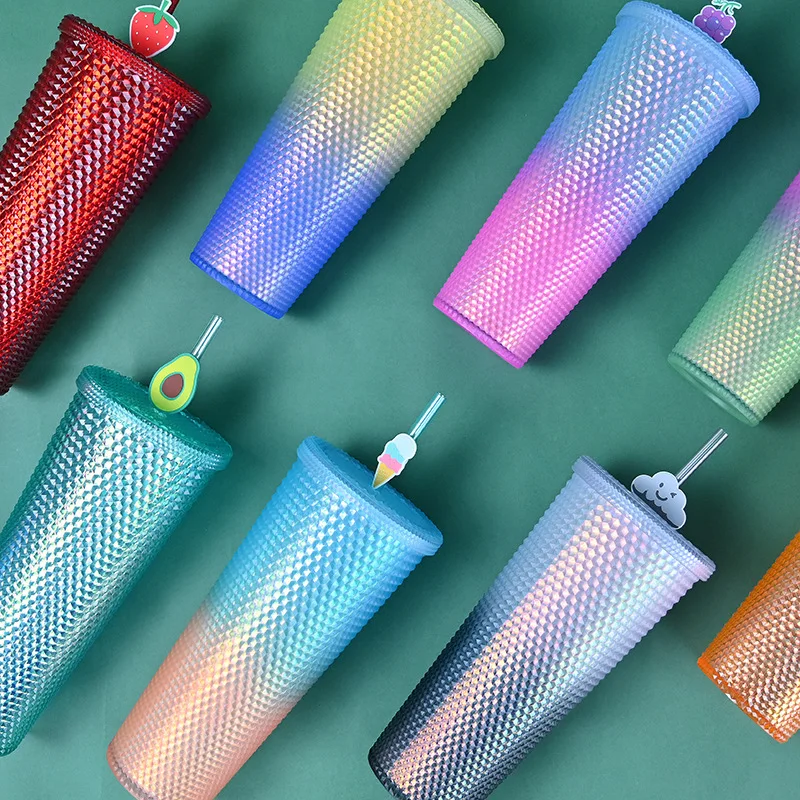 Custom Logo 710ml Reusable Diamond Drinking Cups 24 oz Multi Colors Matte Durian Tumbler with Lid and Straw