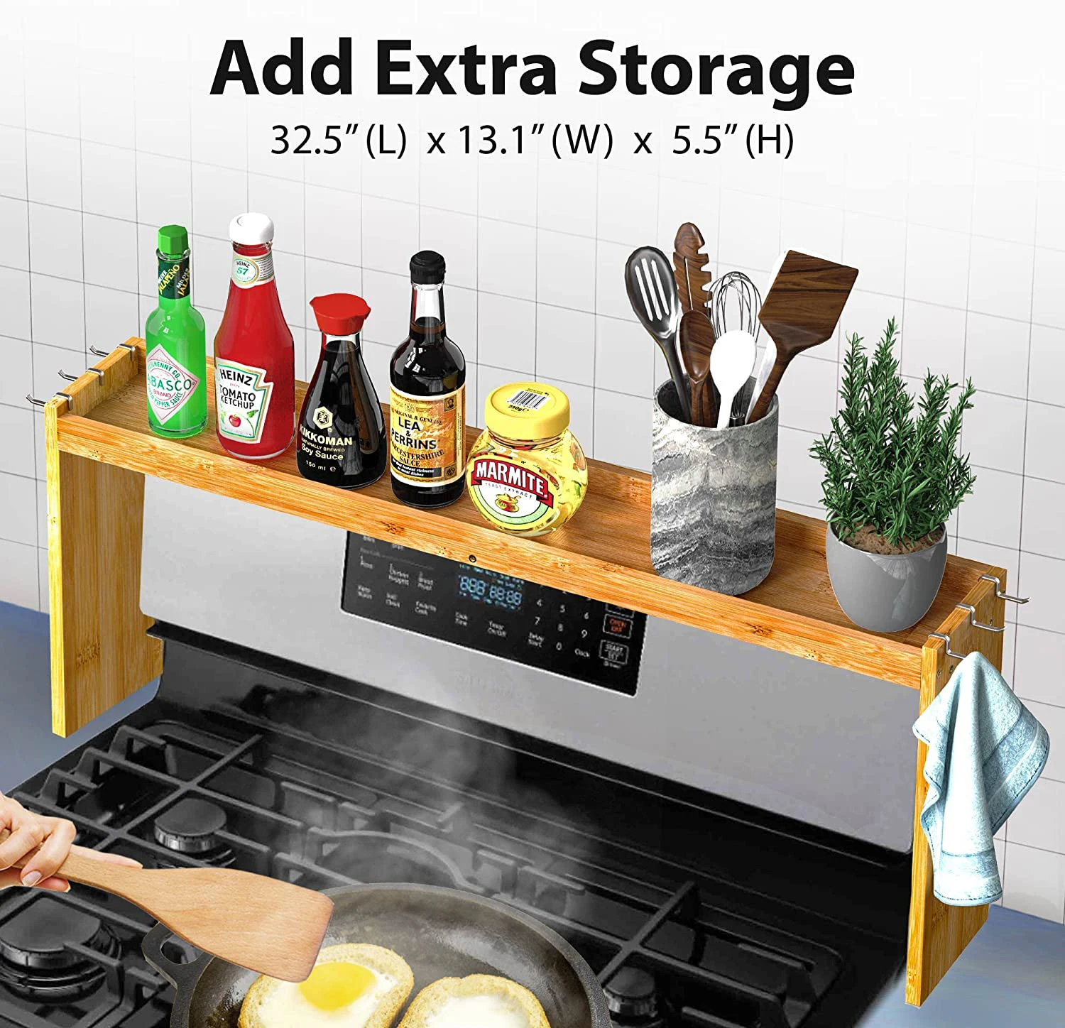Bamboo Over The Stove Spice Shelf for Kitchen Storage Kitchen Spice Rack Organizer Stove Top Shelf with 6 Hooks Extra Storage