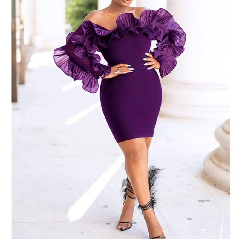 Sexy Mini Off Shoulder Bodycon Chic Ruffles Patchwork Lady Club Dress