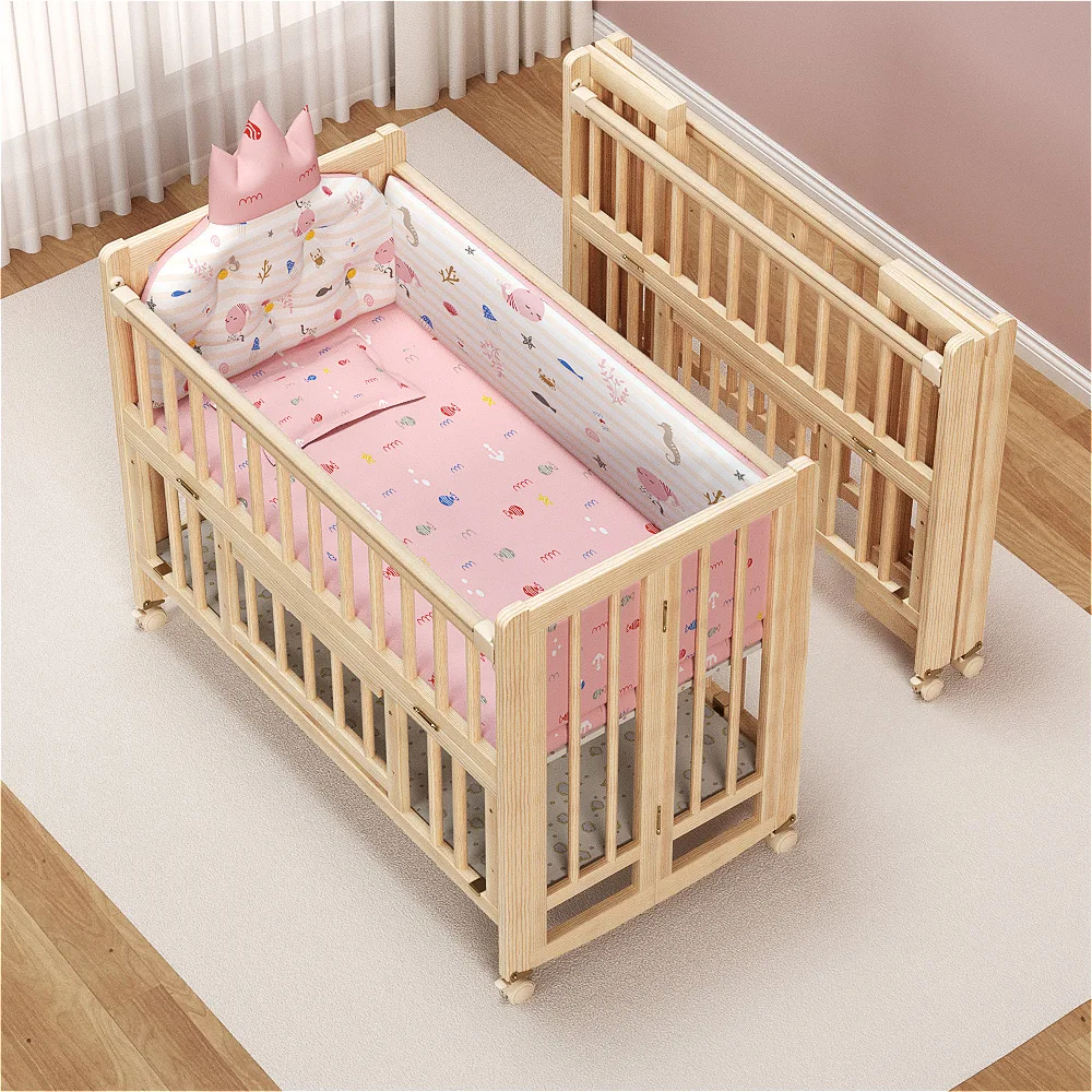 Unpainted Lightweight Foldable Wooden Toddler Children Beds Baby Swing Bed Cot Crib with Wheels For 0-6 Years Old