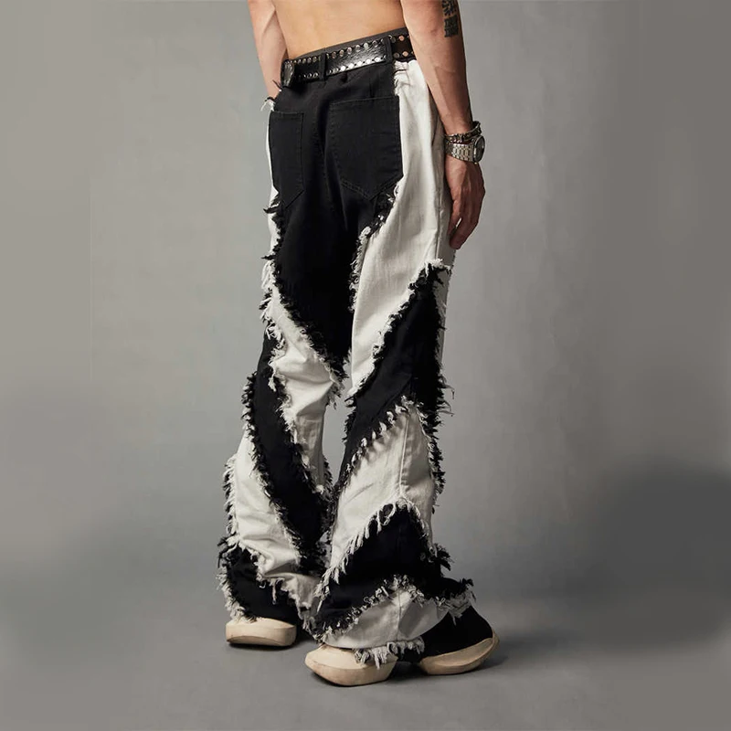 Zhang Yang Garment 2024 new collection black and white patchwork slim fur jeans plus size casual funky flared pants men