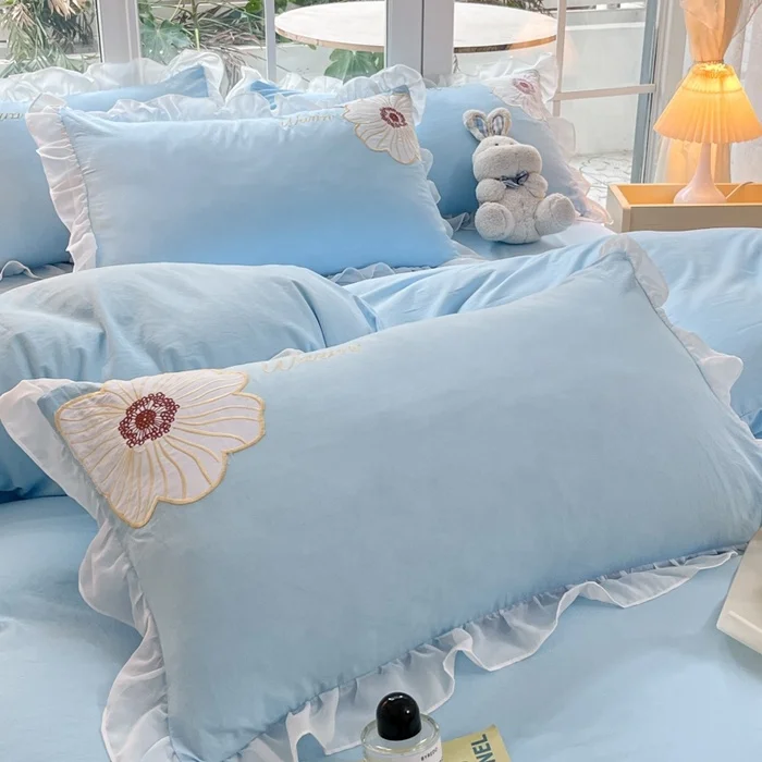 Wholesale New Floral Washed Cotton Bedding Set Queen King Washed Cotton Embroidery Textile Duvet Cover Bedsheet Pillowcases 4Pcs