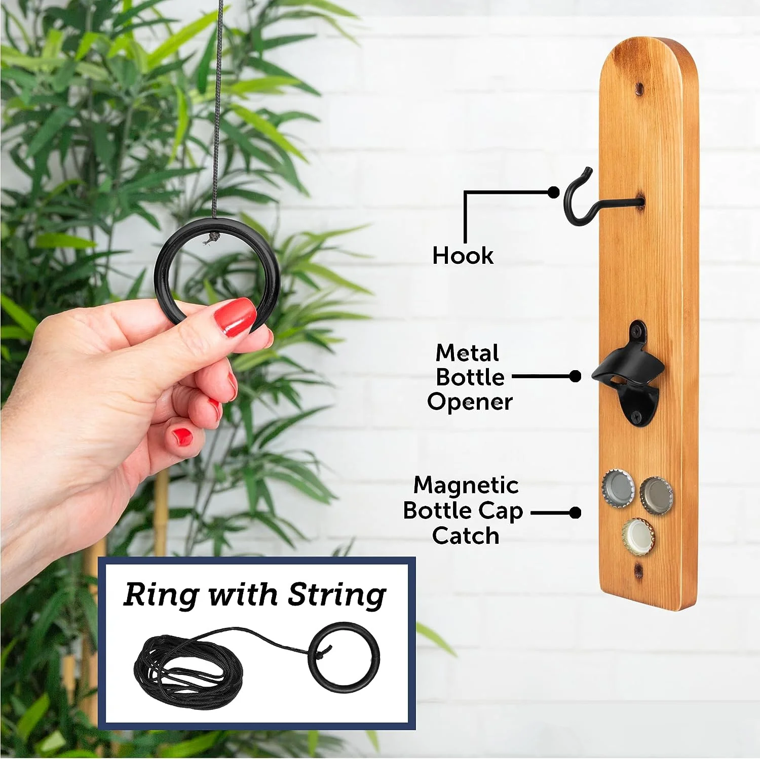 Wooden Hook and Ring Toss Game with Bottle Opener,Bar Ring Game on a String