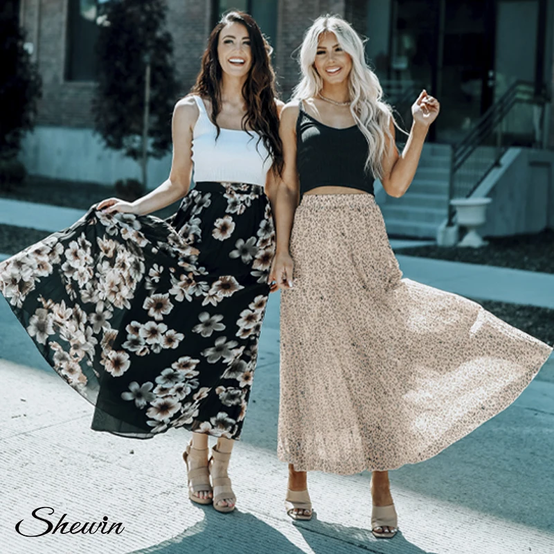 High Quality Fashion Floral Print Pleated Summer Women Maxi Long Skirt