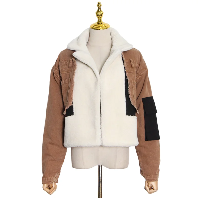 Womens Winter Clothing 2021 Faux Fur Jacket Thick Warm Patchwork Denim Jean Jacket Wth Fur