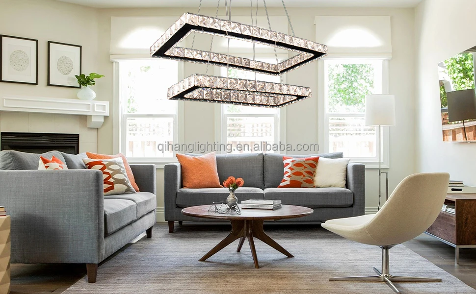 Modern Monochrome LED 2-Ring Square Pendant Lights Crystal Chandeliers for Hotel Dining Room & Living Room Decoration
