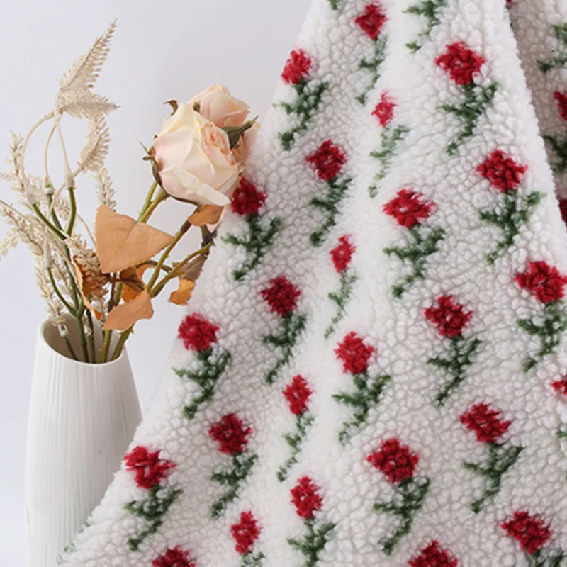 Custom Jacquard Rose Flower Artificial Lamb Berber Fleece Faux Fur Fabric