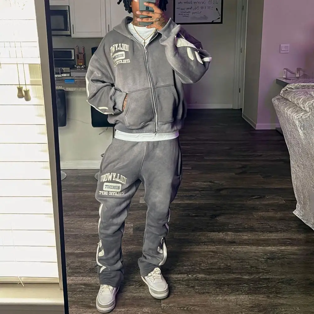 Streetwear Custom Acid Washed Vintage Tracksuit Men Streetwear Distressed Patchwork Hoodie And Sweatpants Set Sweatsuit
