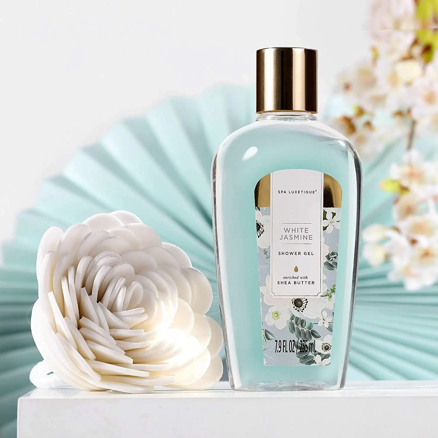 White Jasmine Spa Gift Basket for Women, 15pcs and Body Set with Shower Cap, Essential Oil, Salt, Bubble Bath