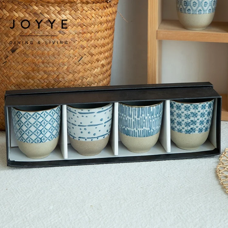 Joyye Japan Style Ceramic Glossy Glaze Classical Mug Cup Handleless Ceramic Tea Porcelain Stamping Organic cup