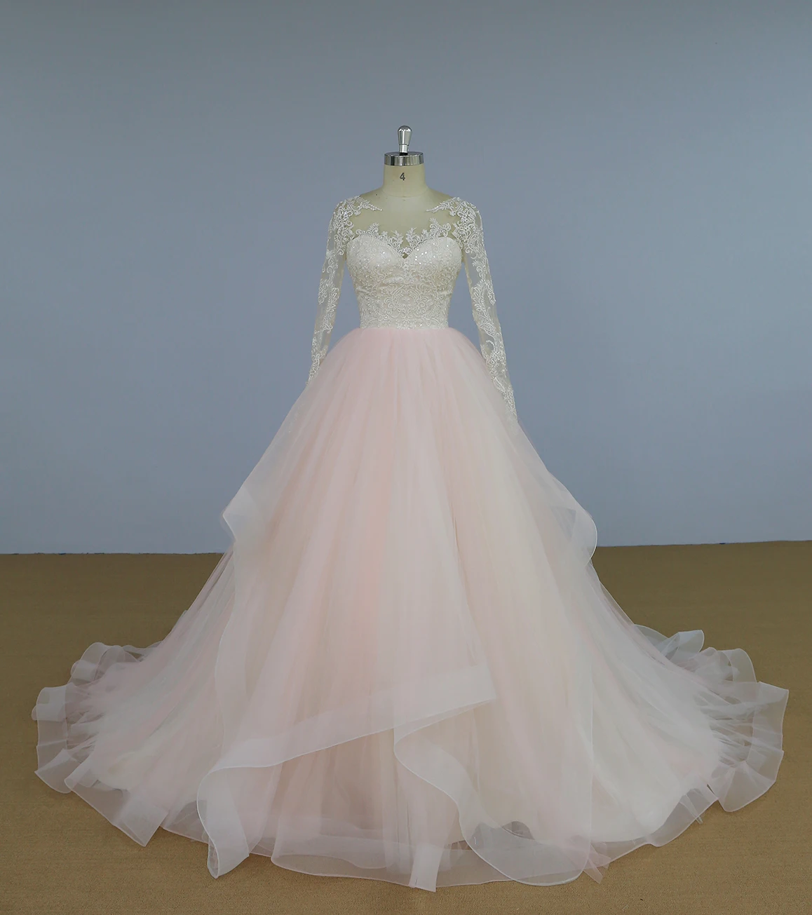 Real sample pink wedding gown flounced lace wedding dress long sleeves