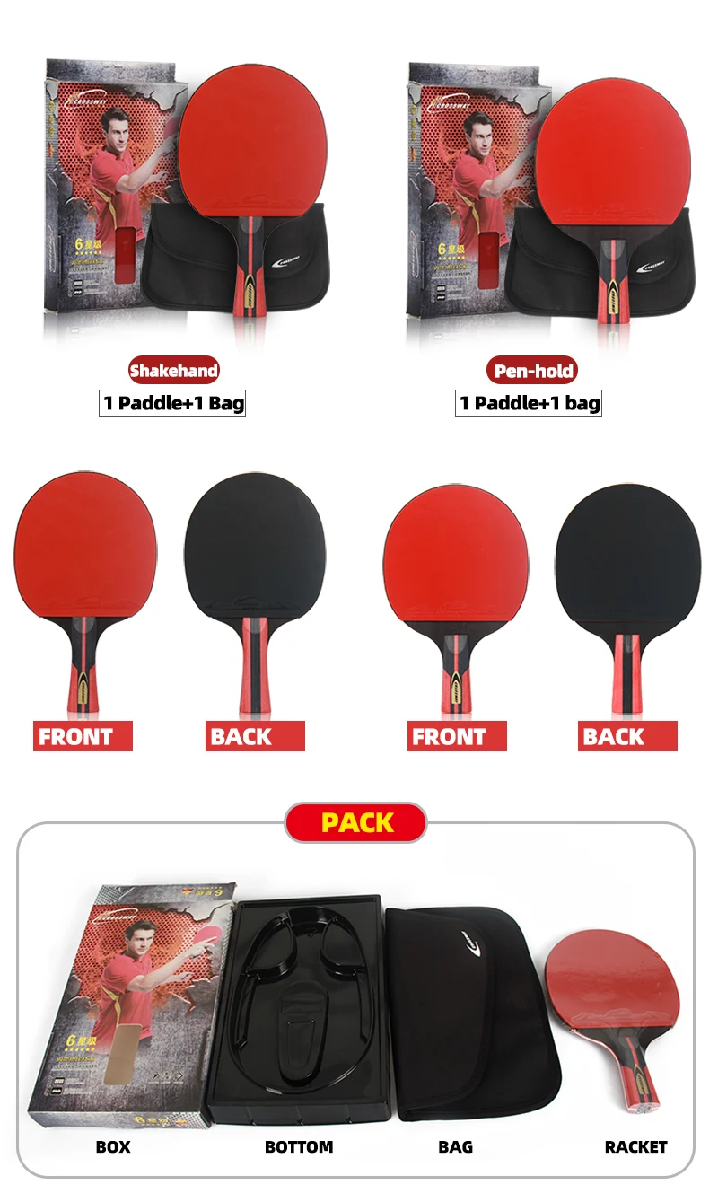  OEM Custom Professional 6 Stars Carbon Paddle Ping Pong Bat Set Table Tennis Racket for